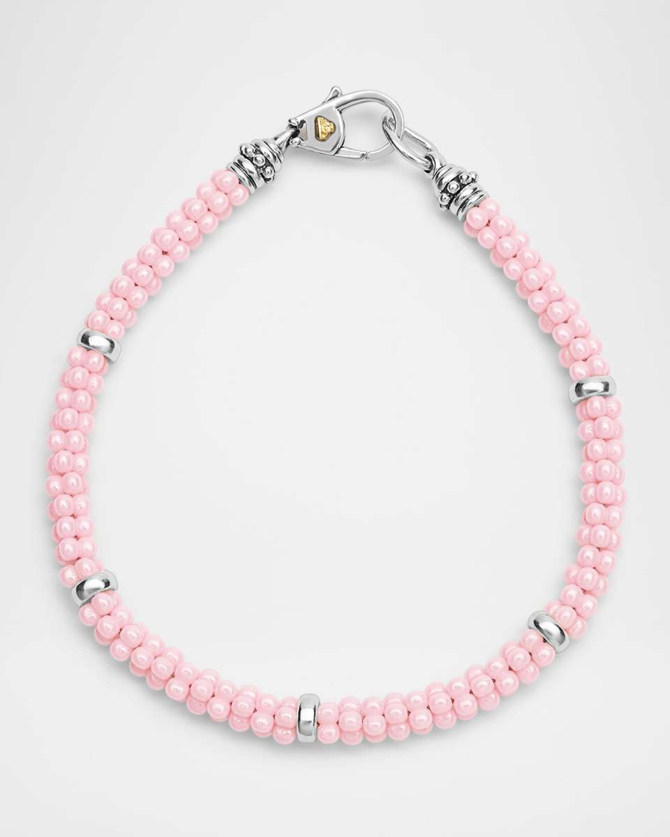 Sterling Silver and 18K Gold Pink Caviar Ceramic Station Rope Bracelet